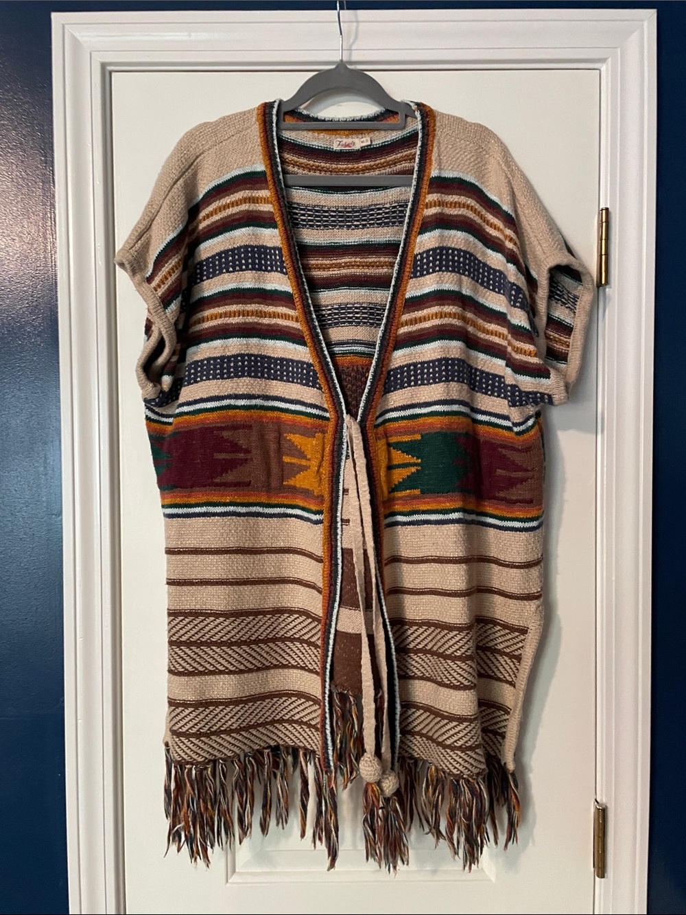 Faherty Beige Southwestern Stripe Fringe Open-Front Knit Vest